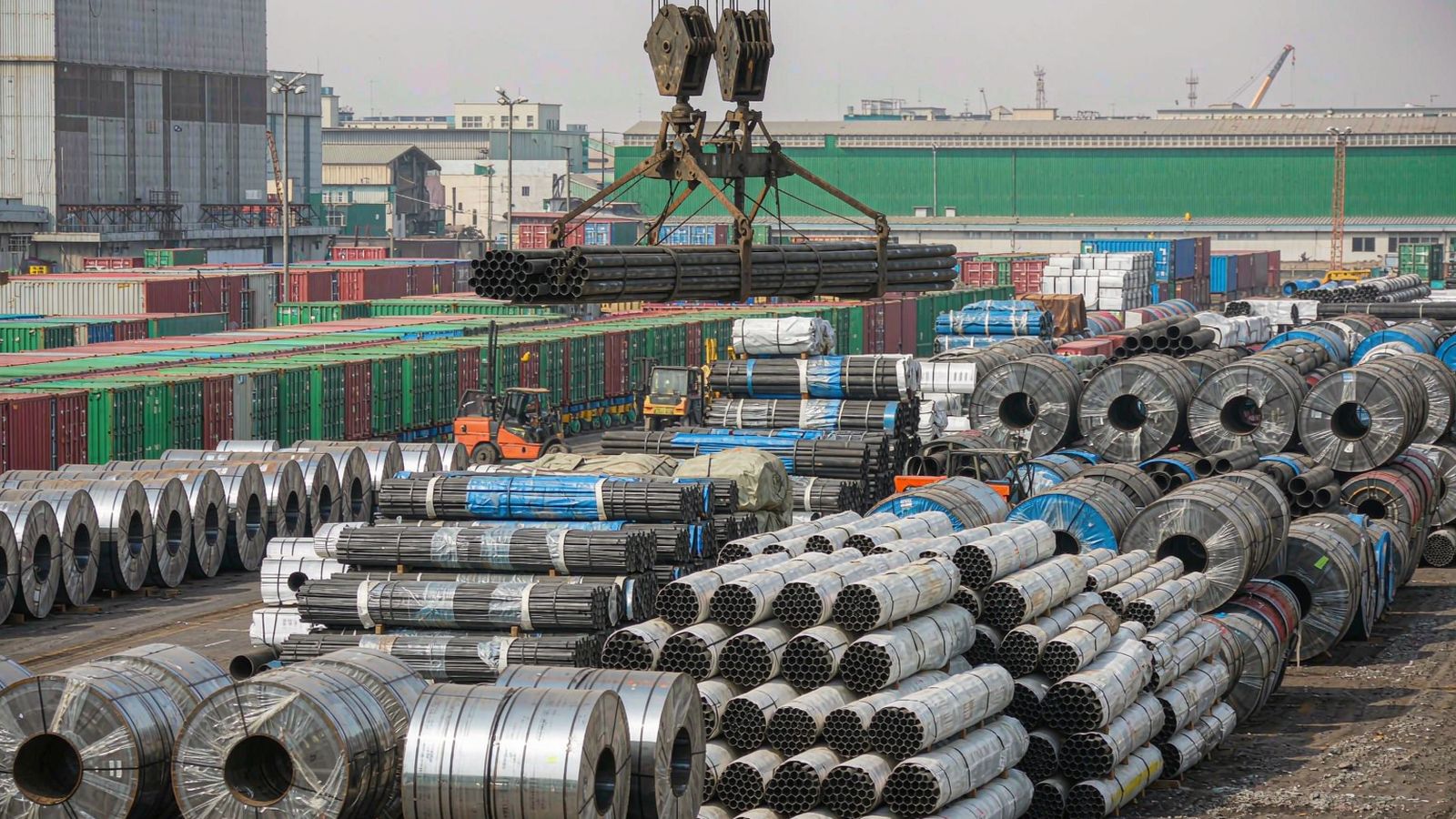 Steel products bundled for sea shipment